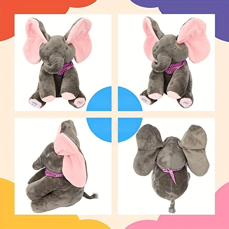 Four views of a plush elephant toy with pink ears and a purple bow tie.