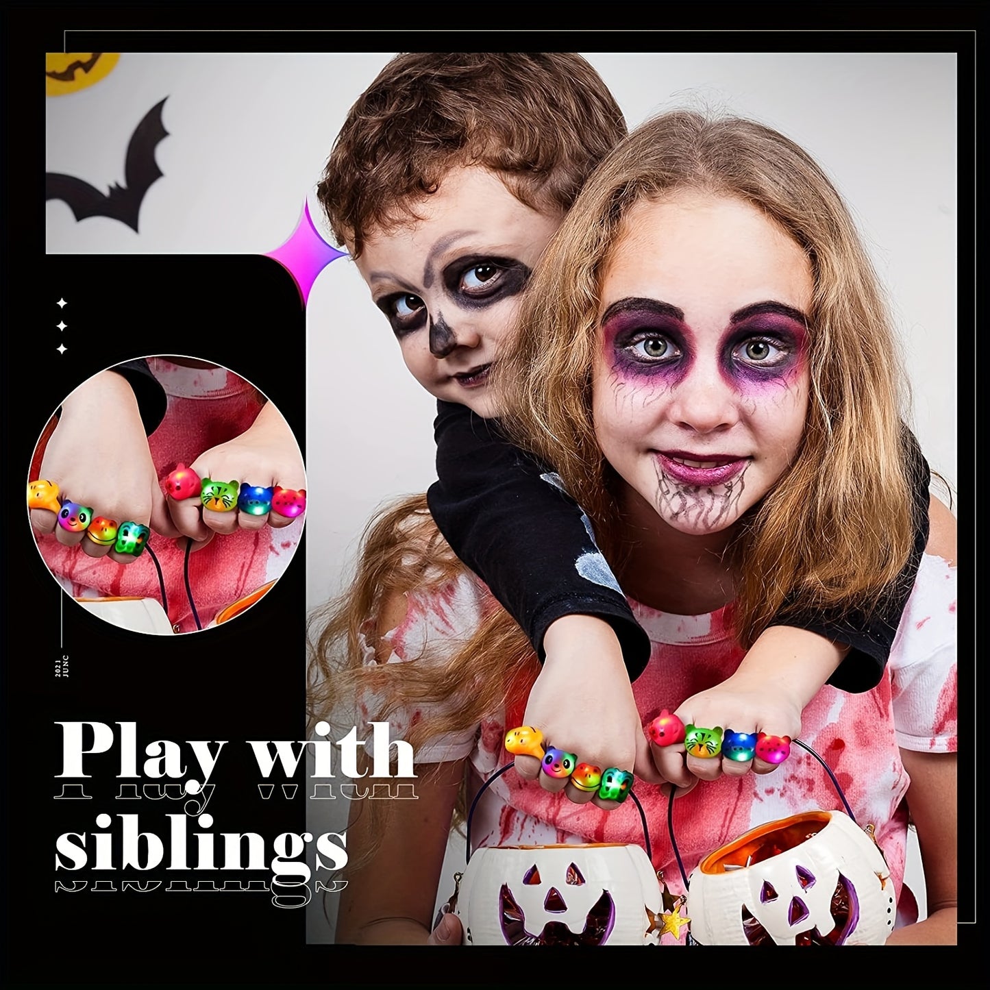 Two children with Halloween makeup holding candy buckets, with a close-up of colorful candy.