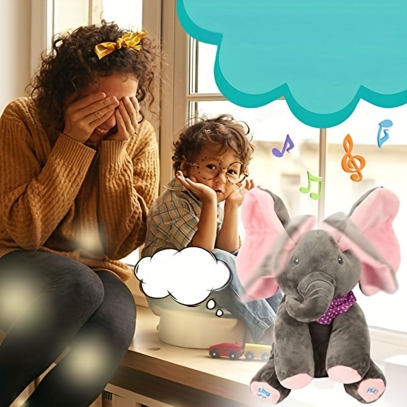 Two children and a woman sitting together with a plush elephant toy, surrounded by musical notes.