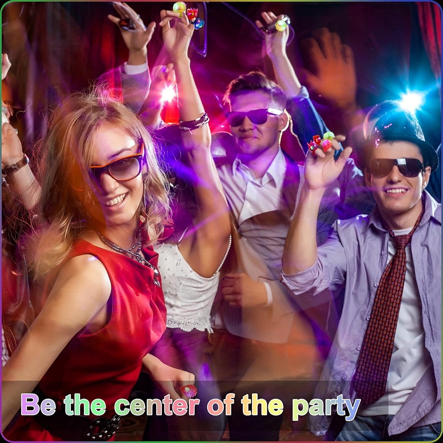 People dancing at a party with colorful lights and text 'Be the center of the party'.