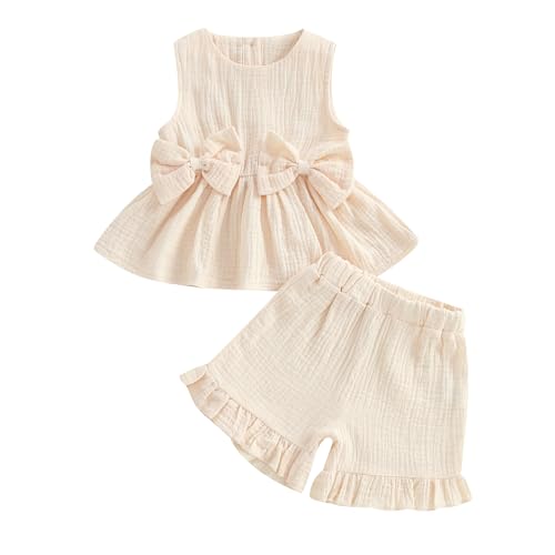 YILEEGOO Toddler Baby Girl Summer Outfits Cotton Baby Clothes Ribbed Sleeveless Bow Ruffled Tank Vest Shirt Tops with Shorts Set