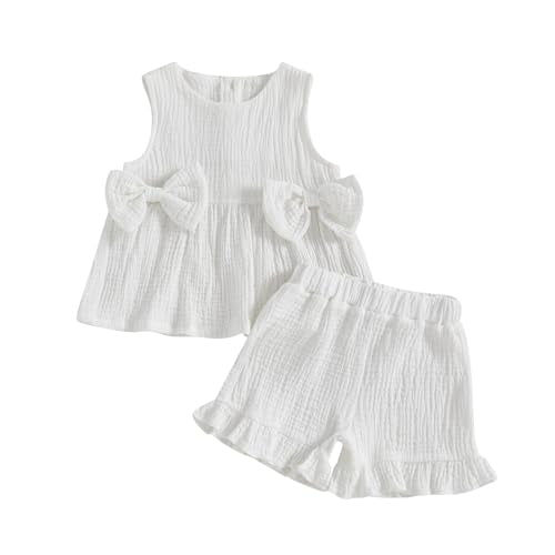 YILEEGOO Toddler Baby Girl Summer Outfits Cotton Baby Clothes Ribbed Sleeveless Bow Ruffled Tank Vest Shirt Tops with Shorts Set