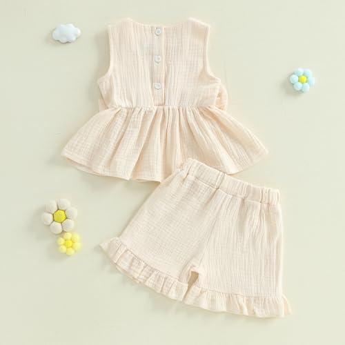 YILEEGOO Toddler Baby Girl Summer Outfits Cotton Baby Clothes Ribbed Sleeveless Bow Ruffled Tank Vest Shirt Tops with Shorts Set