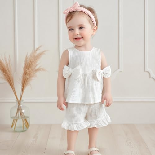 YILEEGOO Toddler Baby Girl Summer Outfits Cotton Baby Clothes Ribbed Sleeveless Bow Ruffled Tank Vest Shirt Tops with Shorts Set