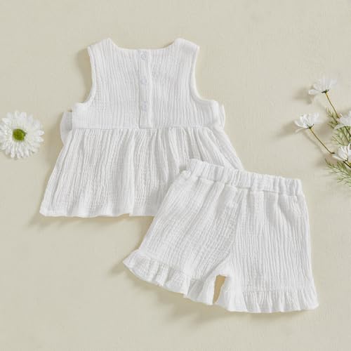 YILEEGOO Toddler Baby Girl Summer Outfits Cotton Baby Clothes Ribbed Sleeveless Bow Ruffled Tank Vest Shirt Tops with Shorts Set