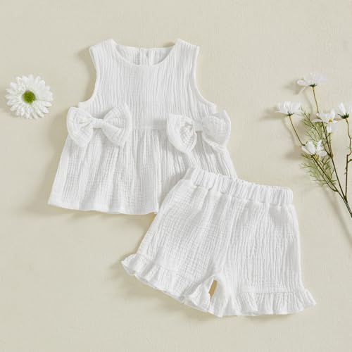 YILEEGOO Toddler Baby Girl Summer Outfits Cotton Baby Clothes Ribbed Sleeveless Bow Ruffled Tank Vest Shirt Tops with Shorts Set