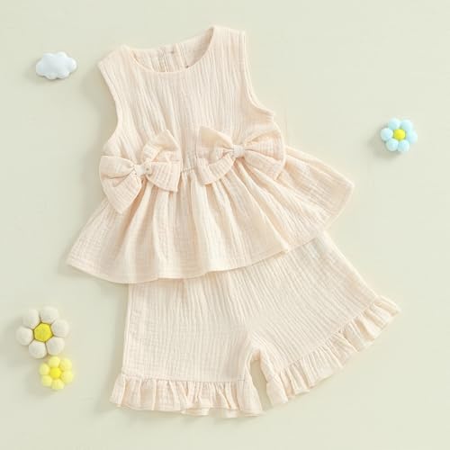 YILEEGOO Toddler Baby Girl Summer Outfits Cotton Baby Clothes Ribbed Sleeveless Bow Ruffled Tank Vest Shirt Tops with Shorts Set