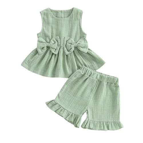 YILEEGOO Toddler Baby Girl Summer Outfits Cotton Baby Clothes Ribbed Sleeveless Bow Ruffled Tank Vest Shirt Tops with Shorts Set