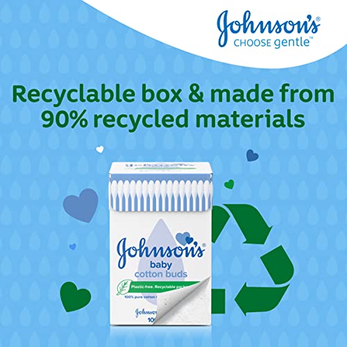 Johnson's Baby Cotton Buds (1 x Pack of 200) Soft & Gentle Ear Buds for Delicate Skin, Made of 100% Pure Cotton and Paper Sticks, Plastic-Free to Clean Delicate Areas, around Eyes and Outer Ear