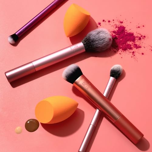 REAL TECHNIQUES,5 Count (Pack of 1) Everyday Essentials Makeup Brush Complete Face Set (Miracle Complexion Sponge, Expert Face, Blush, Setting and Deluxe Crease Brushes)