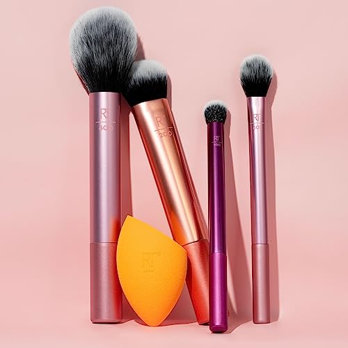 REAL TECHNIQUES,5 Count (Pack of 1) Everyday Essentials Makeup Brush Complete Face Set (Miracle Complexion Sponge, Expert Face, Blush, Setting and Deluxe Crease Brushes)