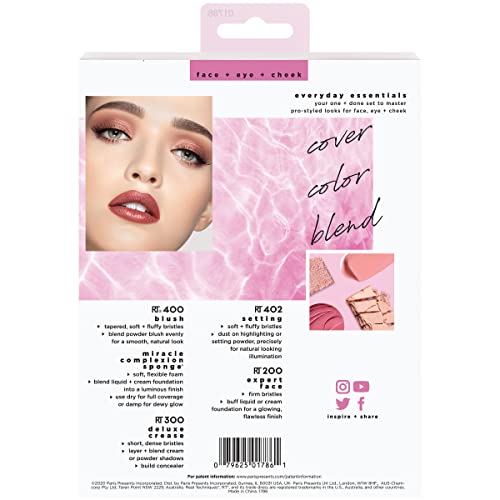 REAL TECHNIQUES,5 Count (Pack of 1) Everyday Essentials Makeup Brush Complete Face Set (Miracle Complexion Sponge, Expert Face, Blush, Setting and Deluxe Crease Brushes)
