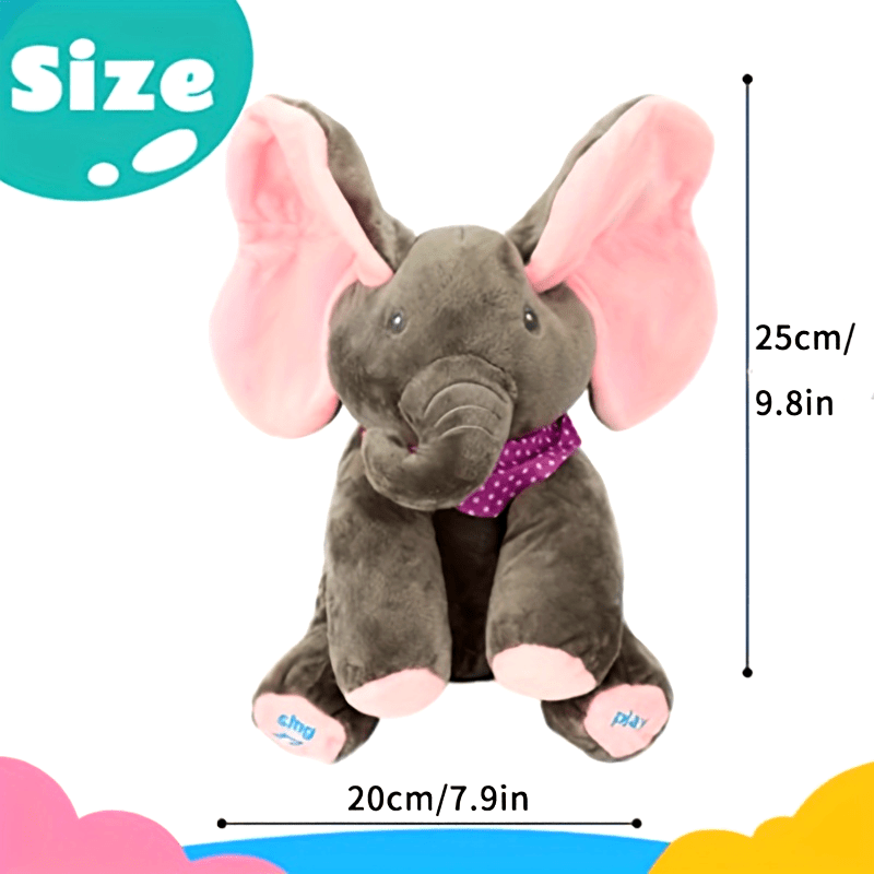 Plush elephant toy with measurement details on a white background