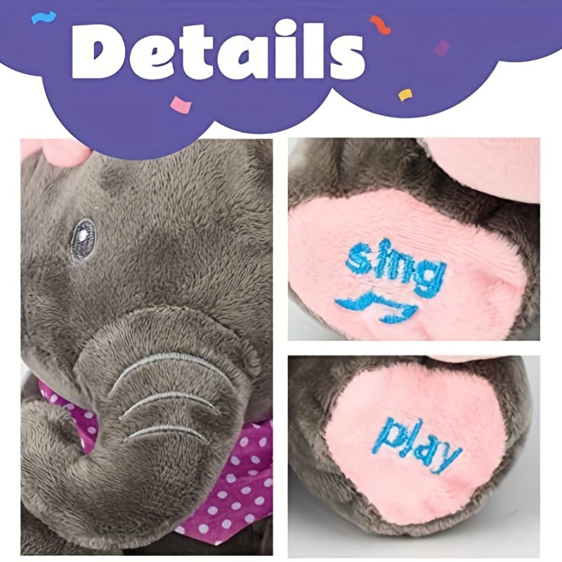 Plush elephant toy with embroidered text 'sing' and 'play' on pink ears, with a purple banner labeled 'Details'.