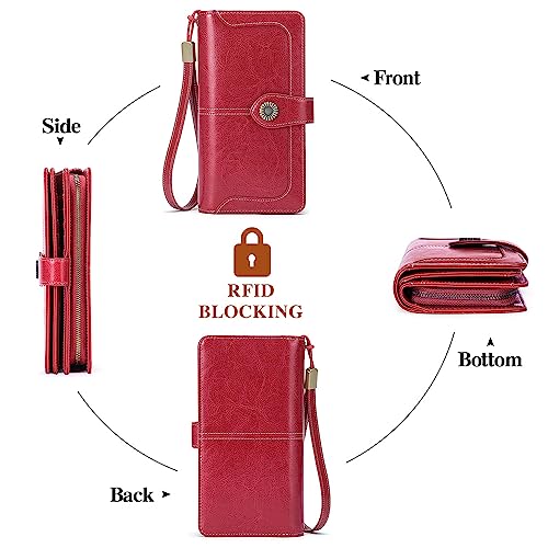 SENDEFN Genuine Leather Purses for Women, RFID Large Ladies Purse, Wallet for Women with Wrist Strap