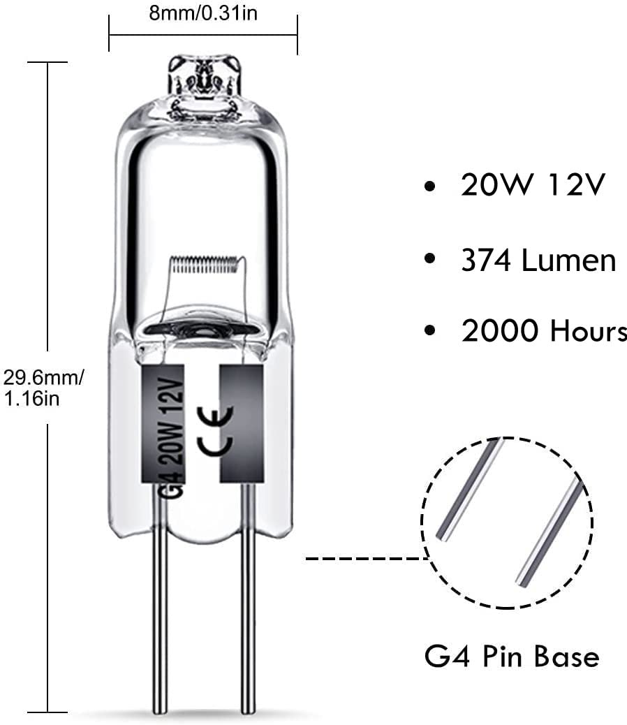 Levidon G4 Halogen Light Bulbs 20W 12V Clear Capsule 2 Pin Lamp Bulb Halogen Pin Base Warm White Dimmable 10 Pack
