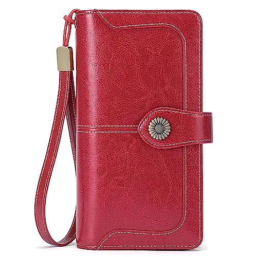 SENDEFN Genuine Leather Purses for Women, RFID Large Ladies Purse, Wallet for Women with Wrist Strap