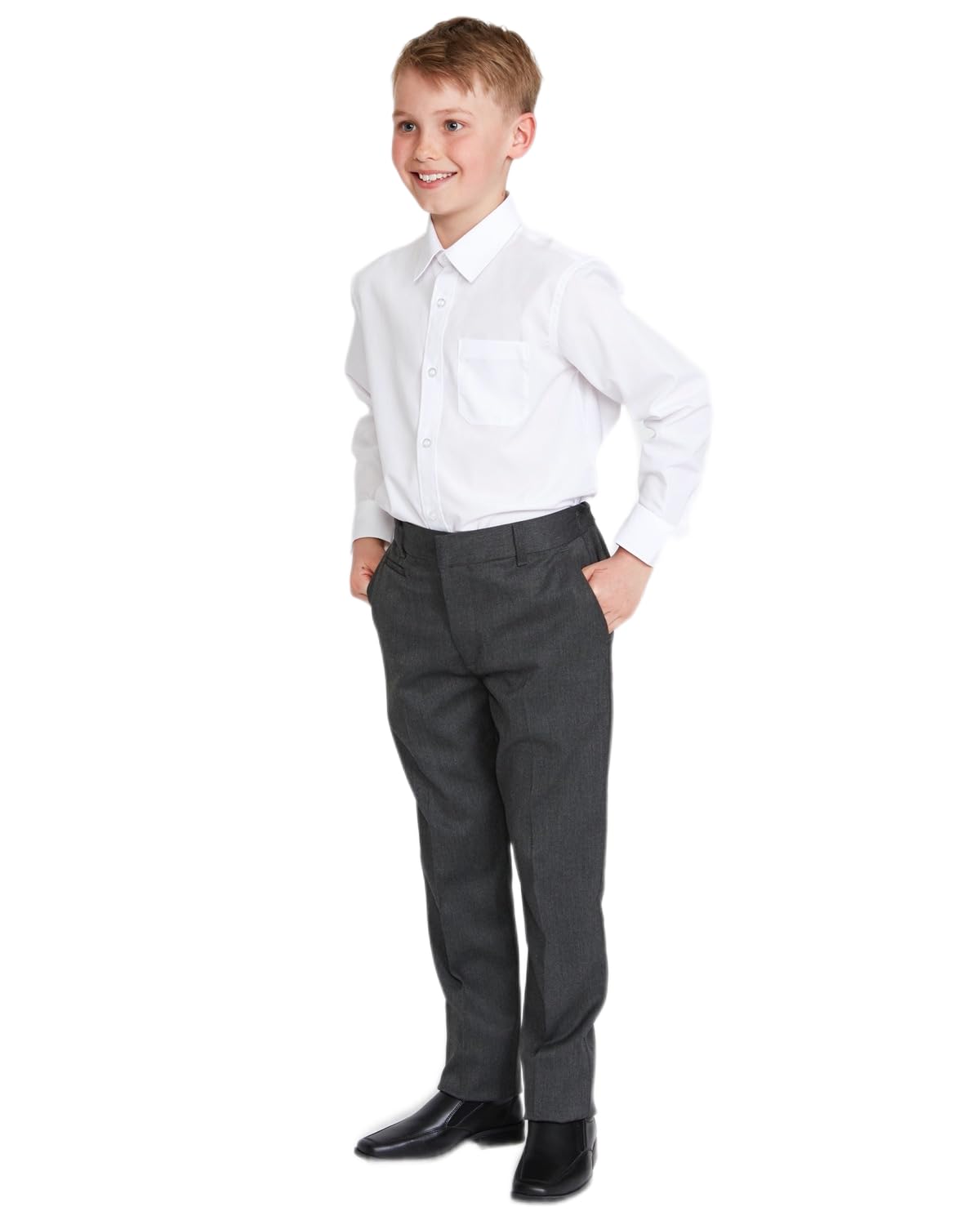 2PK Boys Adjustable Waist Regular Fit School Trousers Black Charcoal Grey Navy Blue 3-18 Years