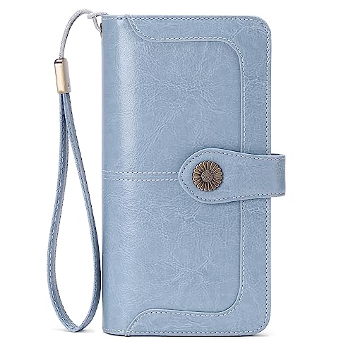 SENDEFN Genuine Leather Purses for Women, RFID Large Ladies Purse, Wallet for Women with Wrist Strap