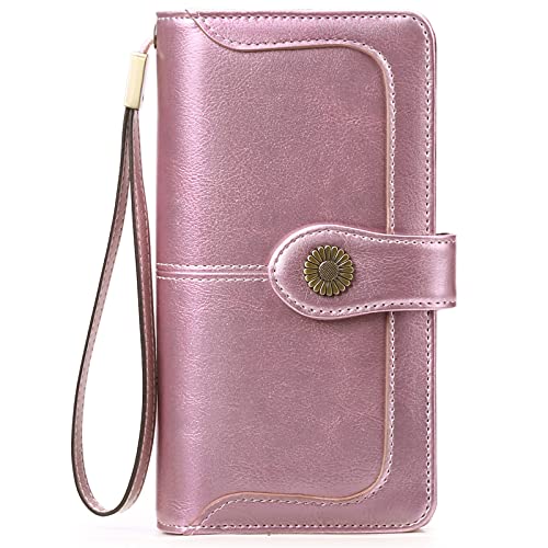 SENDEFN Genuine Leather Purses for Women, RFID Large Ladies Purse, Wallet for Women with Wrist Strap