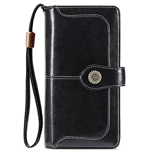 SENDEFN Genuine Leather Purses for Women, RFID Large Ladies Purse, Wallet for Women with Wrist Strap