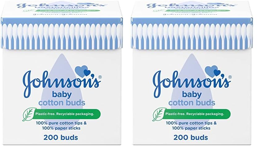 Johnson's Baby Cotton Buds (1 x Pack of 200) Soft & Gentle Ear Buds for Delicate Skin, Made of 100% Pure Cotton and Paper Sticks, Plastic-Free to Clean Delicate Areas, around Eyes and Outer Ear