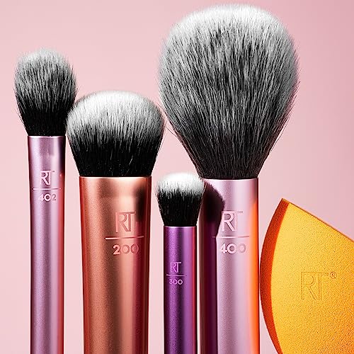 REAL TECHNIQUES,5 Count (Pack of 1) Everyday Essentials Makeup Brush Complete Face Set (Miracle Complexion Sponge, Expert Face, Blush, Setting and Deluxe Crease Brushes)