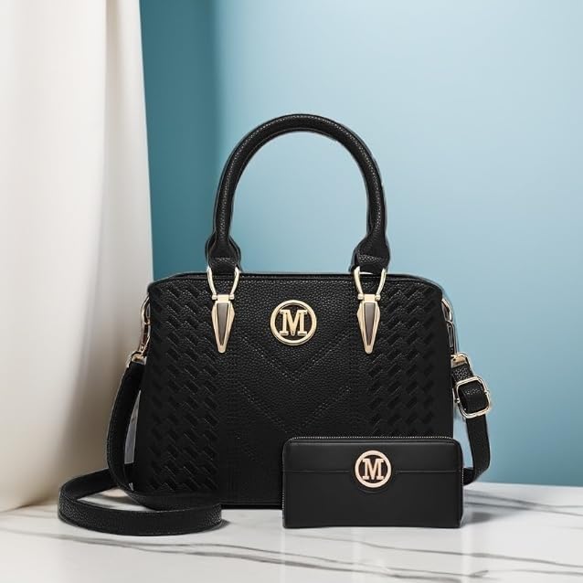 Miss Lulu Handbag for Women, Woven and Chevron Pattern, M Logo on The Front, Top Handle or Shoulder Bag