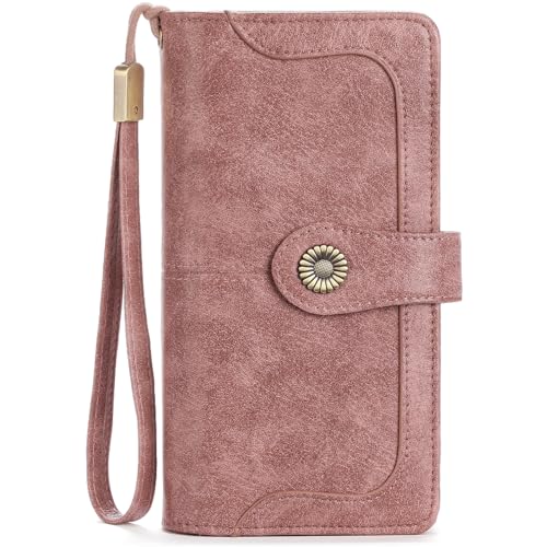 SENDEFN Genuine Leather Purses for Women, RFID Large Ladies Purse, Wallet for Women with Wrist Strap