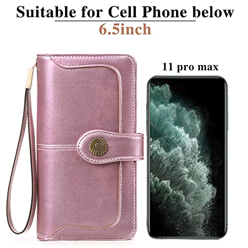 SENDEFN Genuine Leather Purses for Women, RFID Large Ladies Purse, Wallet for Women with Wrist Strap