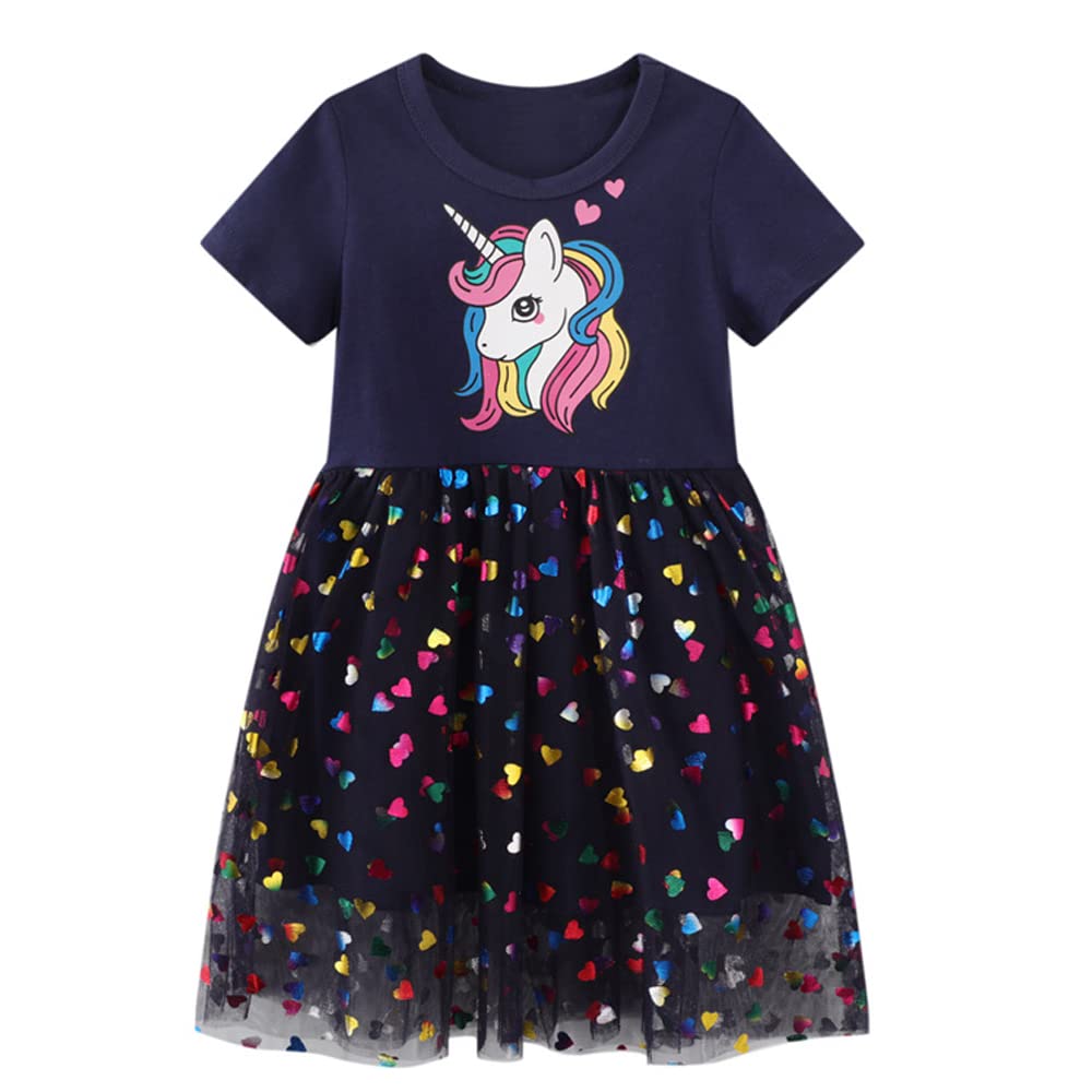 Smazero Baby Girl's Summer Dresses Short Sleeve Casual Dinosaur Horse Print Shirt Dress Little Kids Clothes Children Age 1-7 Years