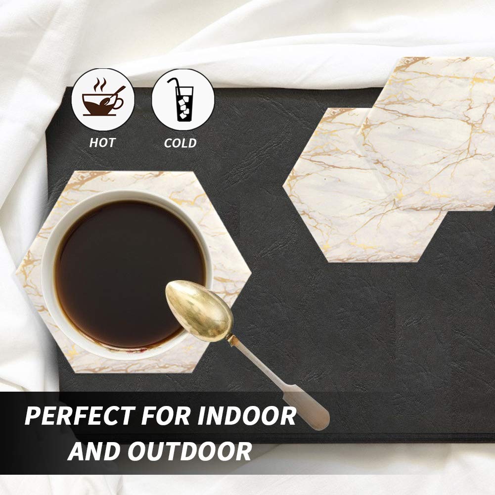 Marble Coasters for Drinks Absorbent with Cork Base, 8pcs Drink Coasters for Wooden Table with Metal Holder, Gold Ceramic Cup Coaster Set Rustic Home Decor for Living Room Bar Housewarming Gifts 4 ''