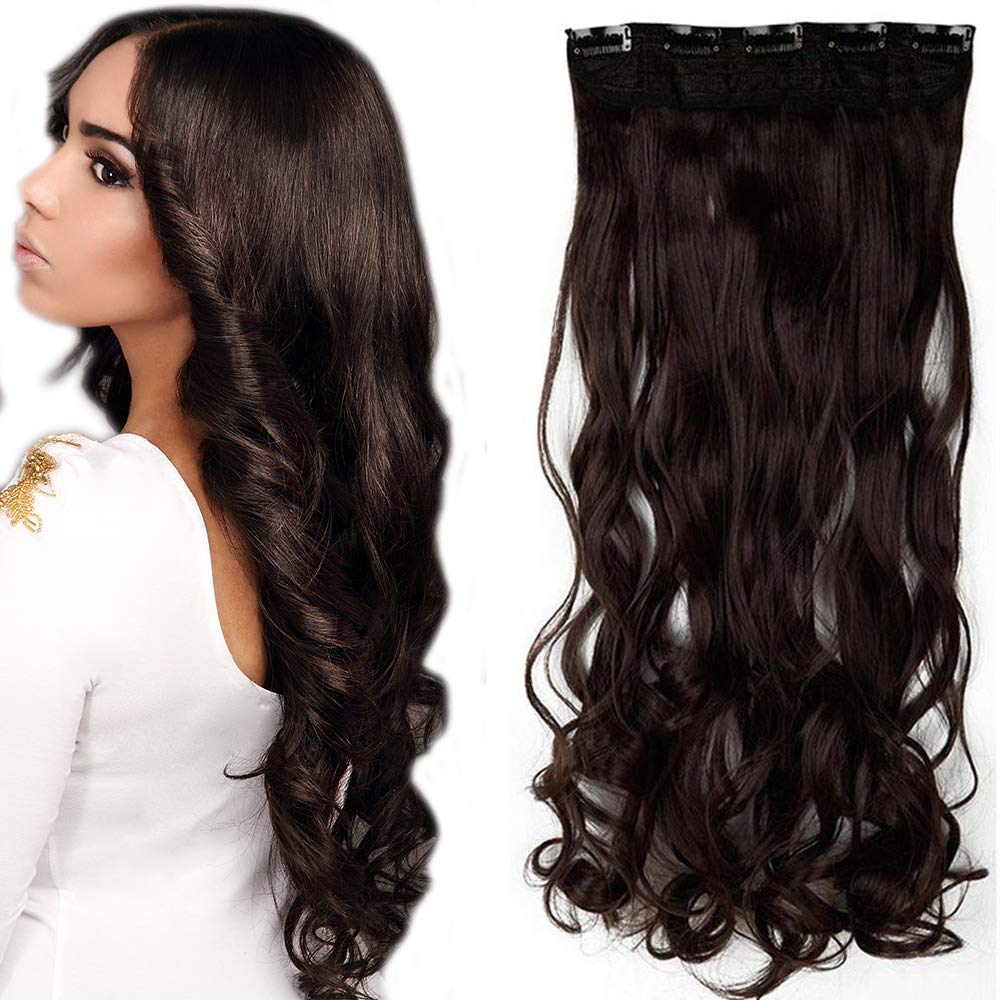 24 Inch One Piece Hair Extensions Clip In Curly Hairpieces Wavy 5 Clips - Dark Brown(60cm-120g)