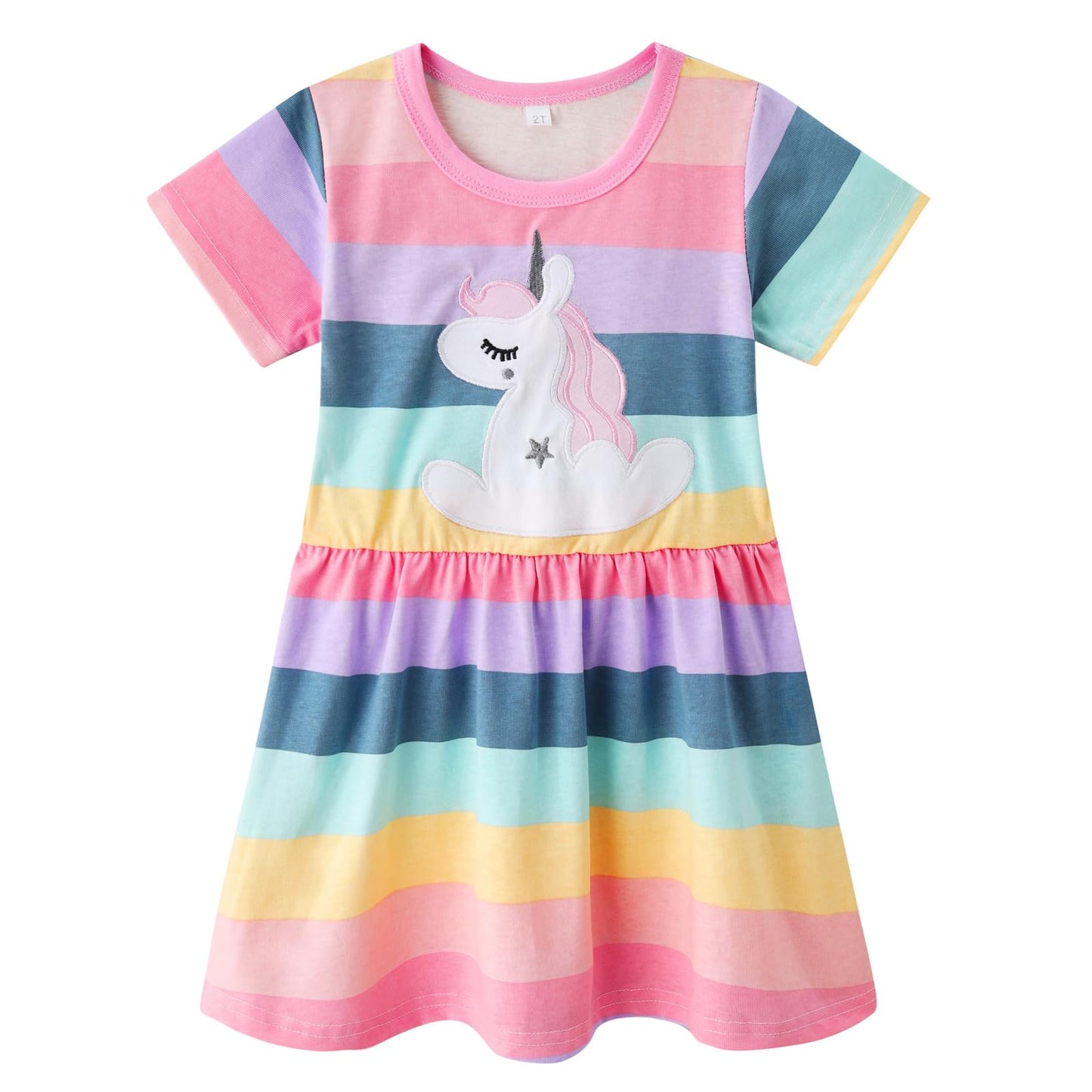 Smazero Baby Girl's Summer Dresses Short Sleeve Casual Dinosaur Horse Print Shirt Dress Little Kids Clothes Children Age 1-7 Years