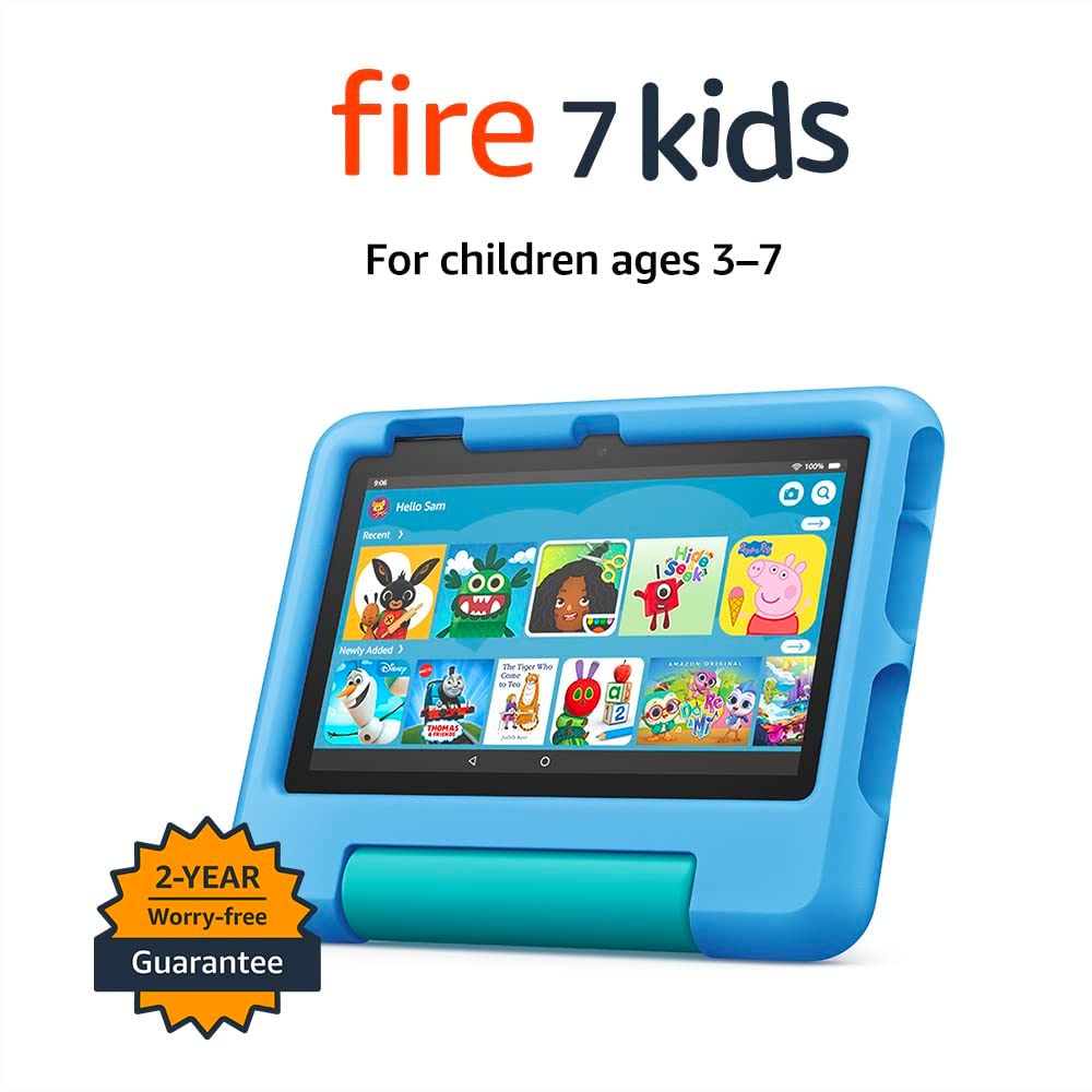 Amazon Fire 7 Kids tablet | 7" display, ages 3–7, includes ads-free books, games and videos that children love, parental controls, 10-hour battery, 32 GB