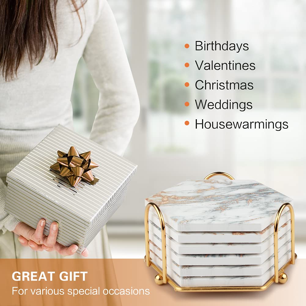 Marble Coasters for Drinks Absorbent with Cork Base, 8pcs Drink Coasters for Wooden Table with Metal Holder, Gold Ceramic Cup Coaster Set Rustic Home Decor for Living Room Bar Housewarming Gifts 4 ''