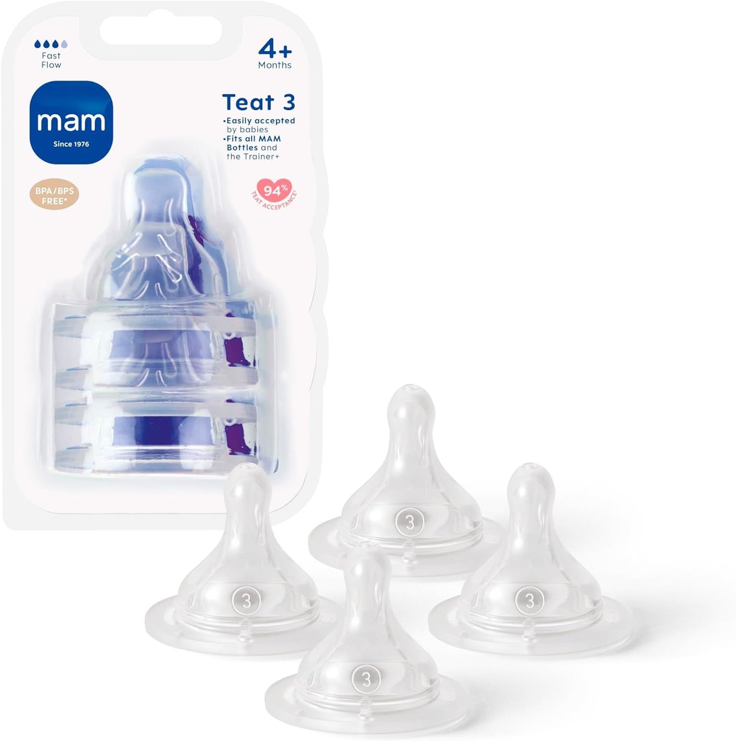 MAM Teats Size 2 | 4 Pack | Medium Flow | Fits All MAM Bottles | Suitable from 2+ Months | Made from SkinSoft Silicone | Baby Accessories for Newborn