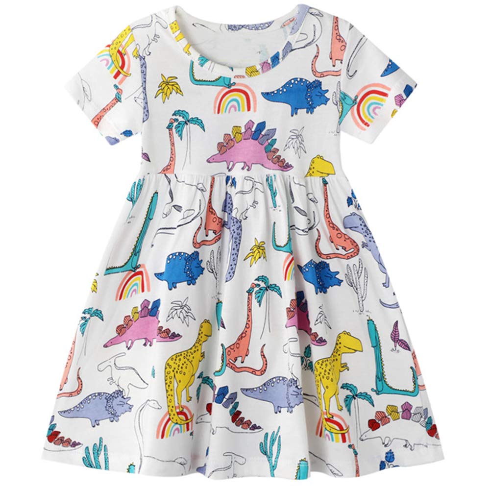 Smazero Baby Girl's Summer Dresses Short Sleeve Casual Dinosaur Horse Print Shirt Dress Little Kids Clothes Children Age 1-7 Years
