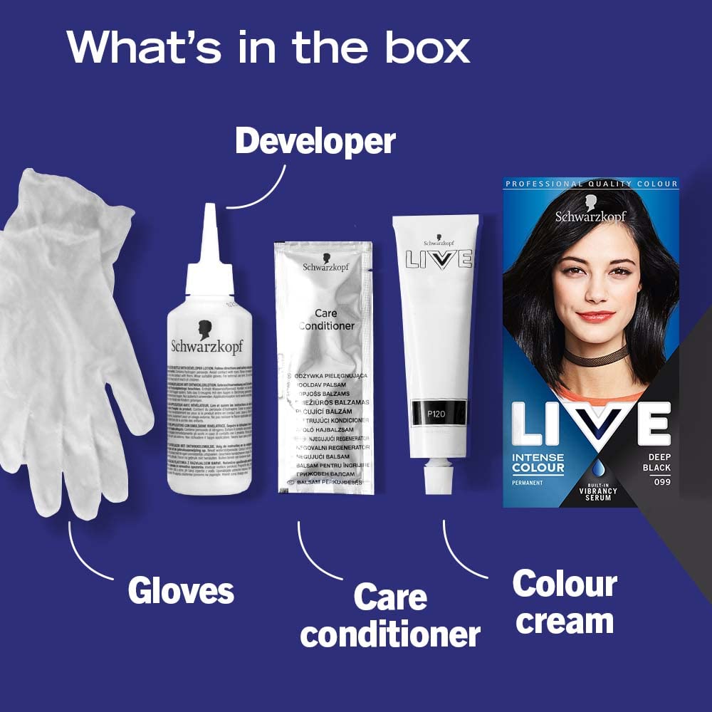 Schwarzkopf LIVE Intense Colour, Long Lasting Permanent Black Hair Dye, With Built-In Vibrancy Serum, Up To 100% Grey Coverage- Deep Black 099