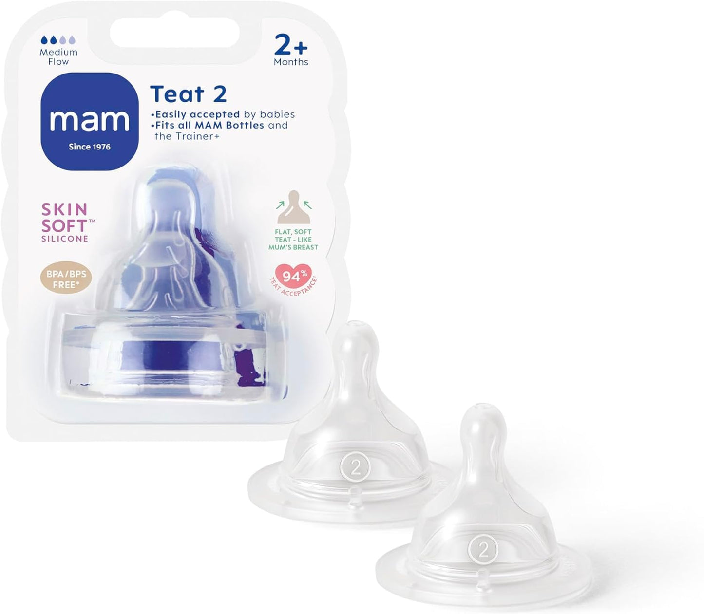 MAM Teats Size 3 | 2 Pack | Fast Flow | Suitable from 4+ Months | Fits All MAM Bottles | Made from SkinSoft Silicone | Baby Accessories