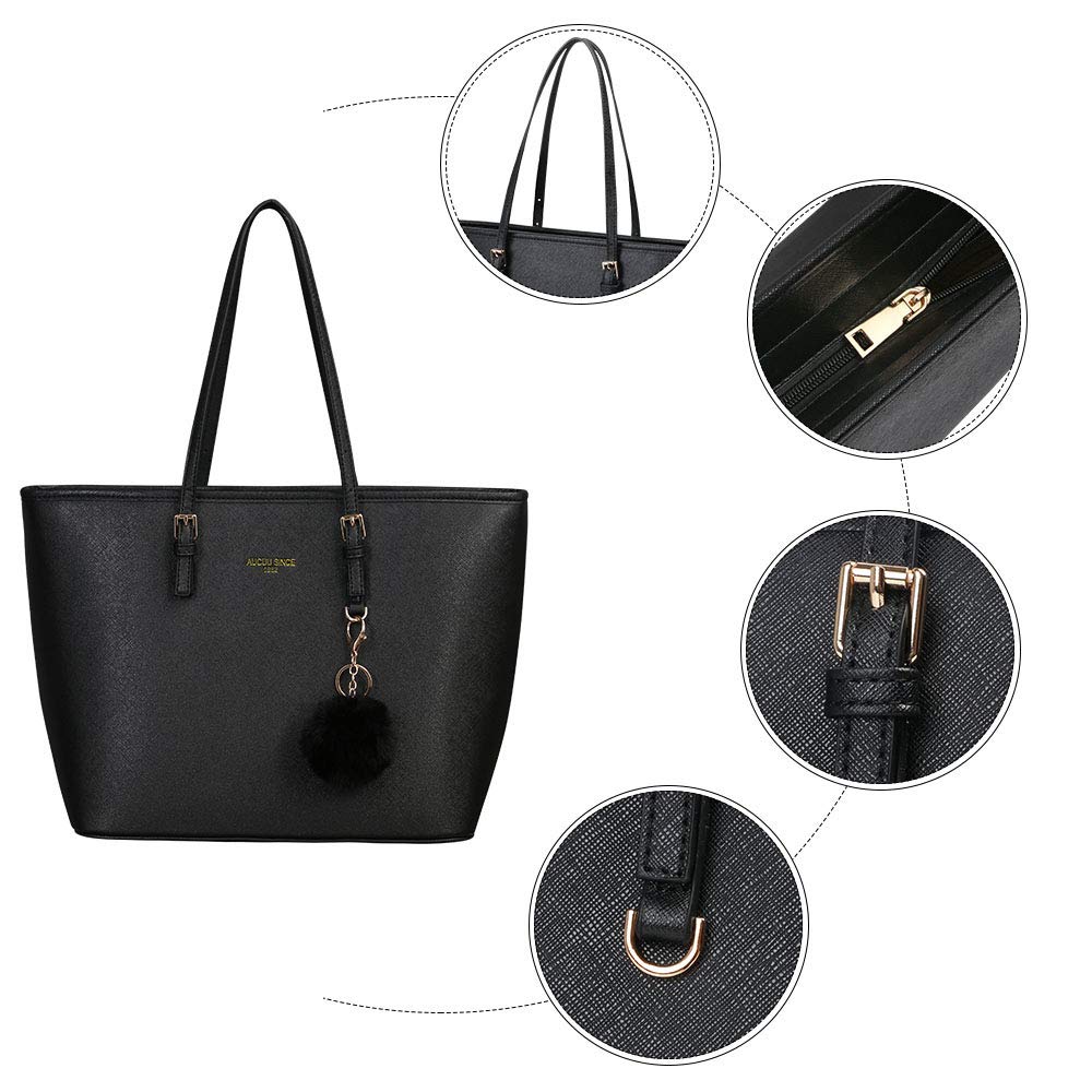 URAQT Women Handbag Tote Bag, 15.6 Inch PU Leather Shoulder Bag Laptop Bags with Adjustable Handle, Lightweight Stylish Designer Large Black Handbags for School Work Travel