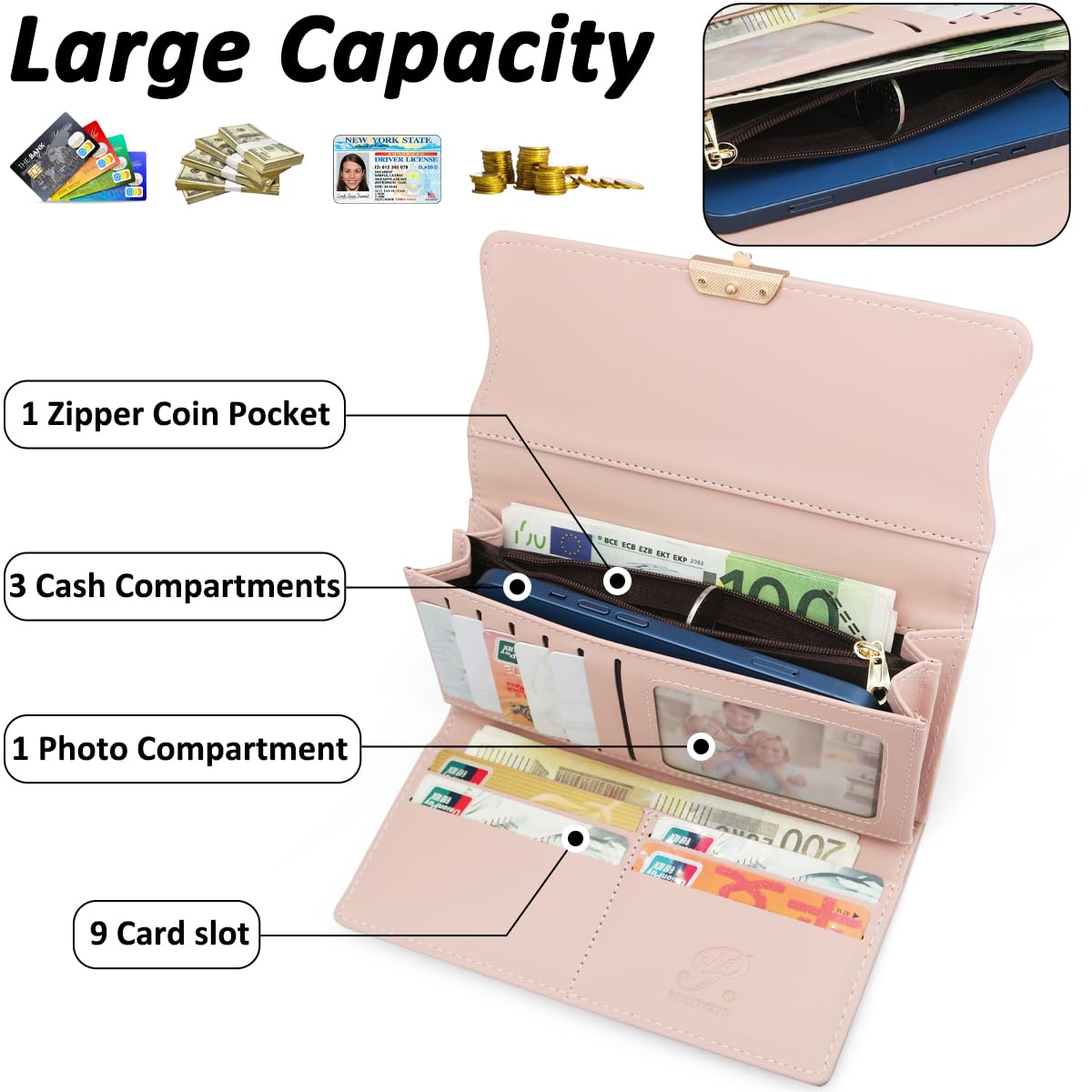 Long Purse for Women PU Leather, Large Capacity PU Leather Women's Wallet Wallet for Women with Multiple Card Slots and Coin Zipper Pocket Ladies Purse Clutch Holder Large Capacity Card Holder (Pink)