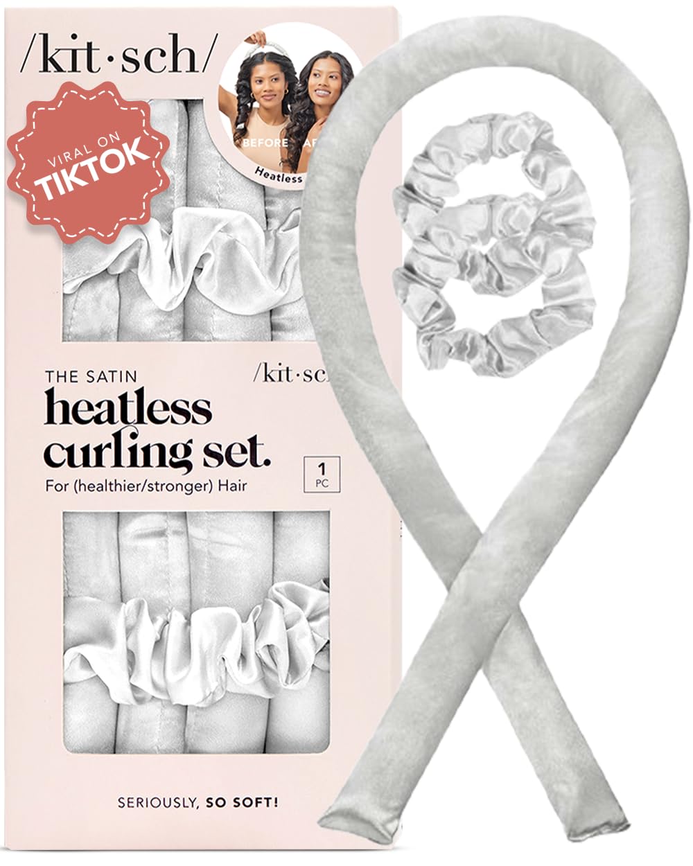 Kitsch Heatless Curling Set - Satin Heatless Curler, Hair Curler No Heat, Heatless Curler for long and short hair, Overnight Curls with 2 Satin Scrunchies and Blowout Rod - Sunset Tie Dye