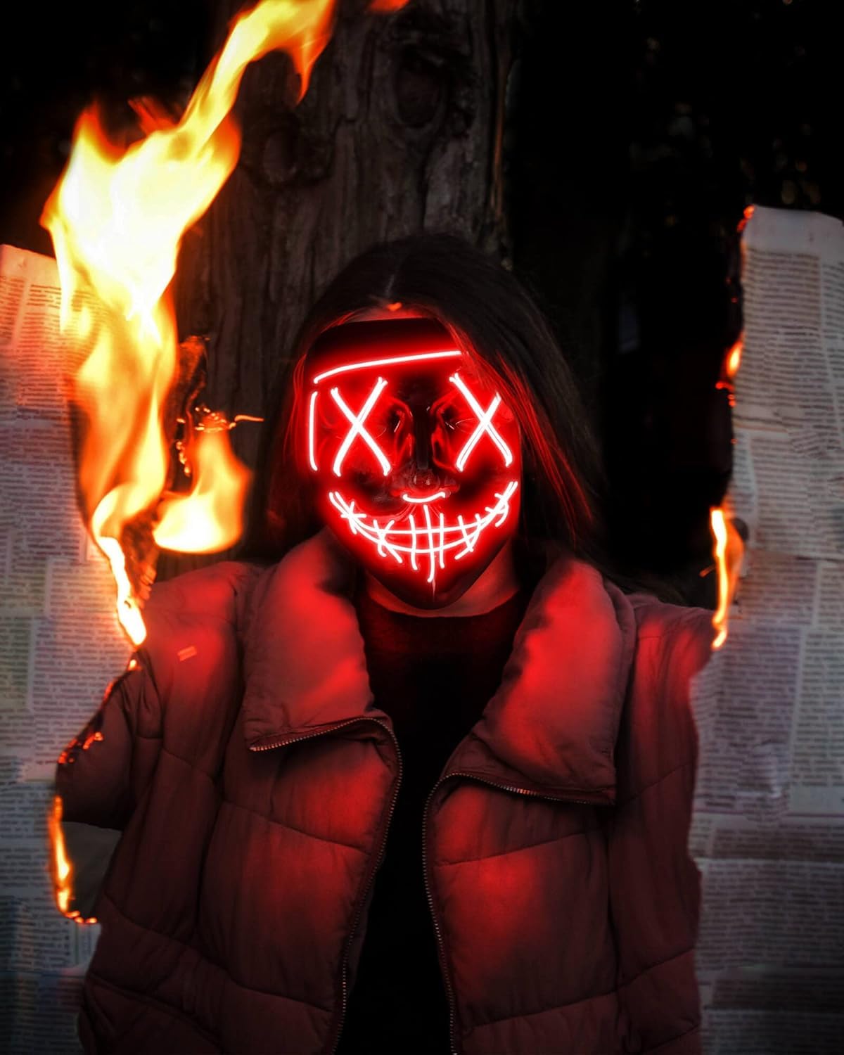 AnanBros Scary LED Halloween Mask, Light up Mask Cosplay, LED Rave Face Mask Costume 3 Lighting Modes, Halloween Face Masks for Men Women Kids