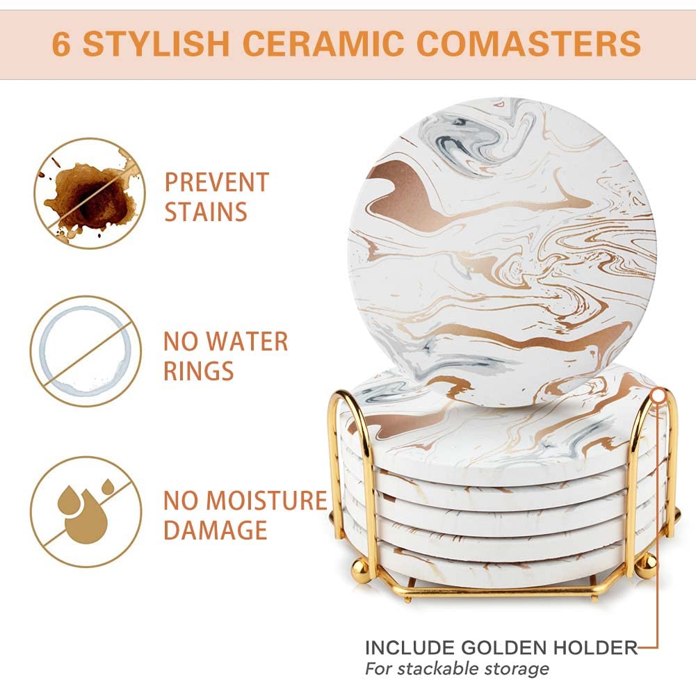 Marble Coasters for Drinks Absorbent with Cork Base, 8pcs Drink Coasters for Wooden Table with Metal Holder, Gold Ceramic Cup Coaster Set Rustic Home Decor for Living Room Bar Housewarming Gifts 4 ''