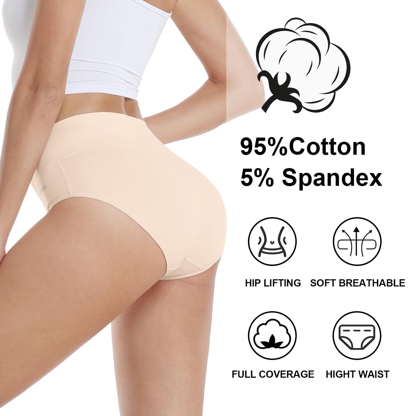 coskefy Underwear Women, High Waisted Cotton Knickers Ladies Full Briefs Soft Panties Slight Tummy Control Pants 5 Pack