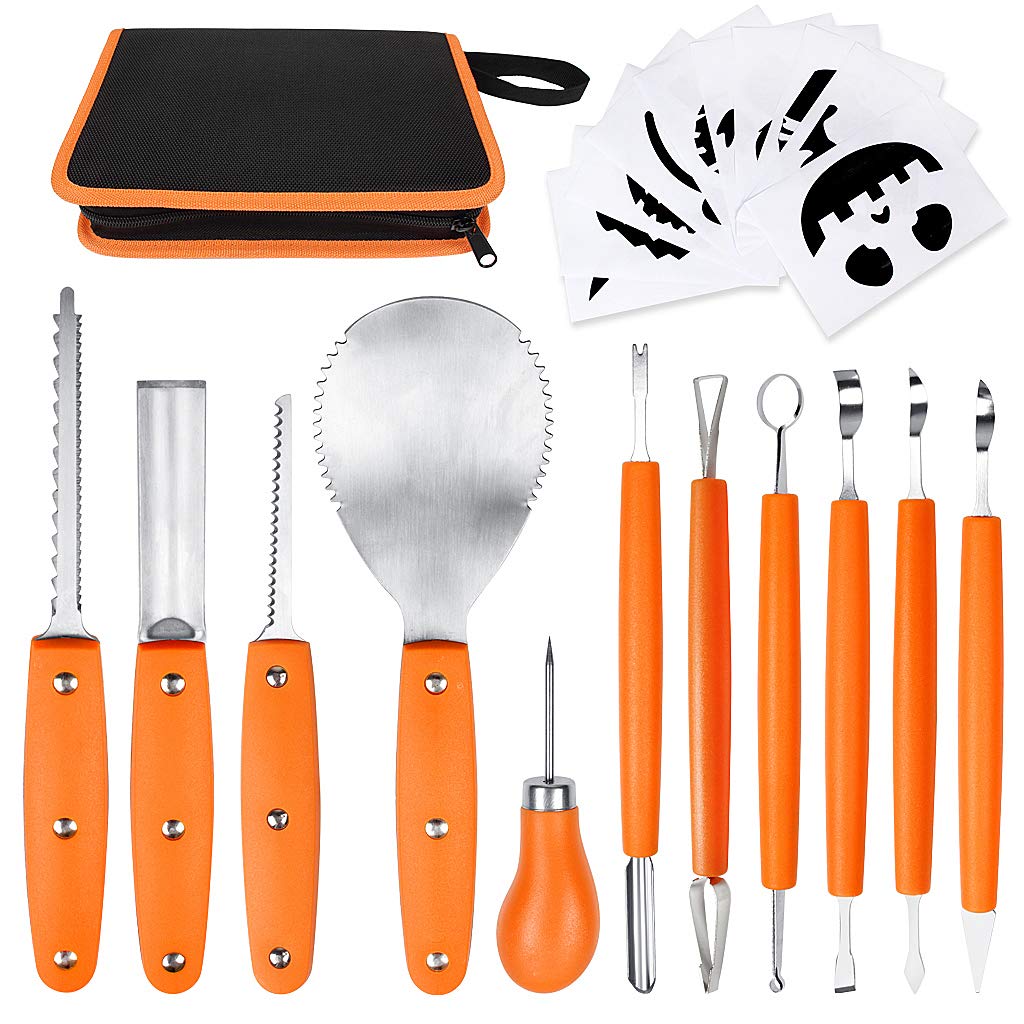 OWUDE Professional Pumpkin Carving Kit, 11 Pieces Heavy Duty Stainless Steel Carving Tools for Halloween with Carrying Case and 10 Pcs Carving Templates-Black