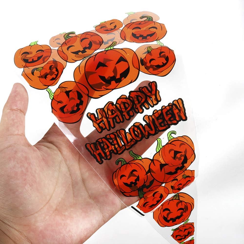 RFWIN 100Pcs Pumpkin Cone Bag Halloween Clear Cellophane Treat Bags Party Favor Bags with Gold Twist Ties for Candy Cookies
