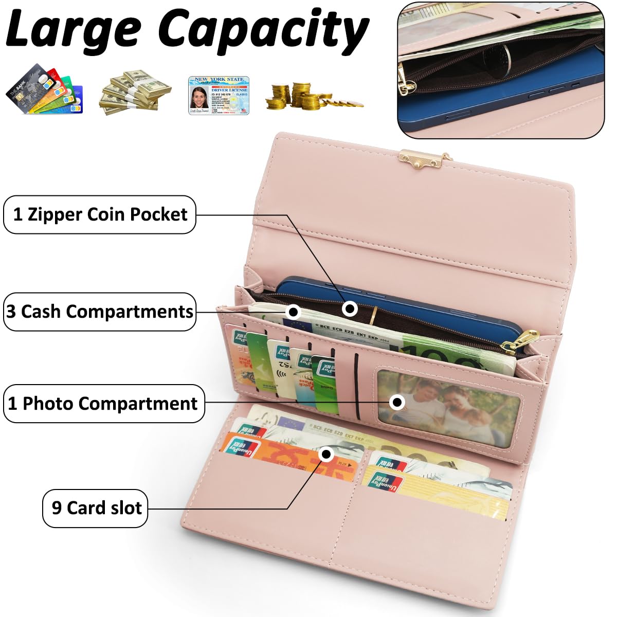 Long Purse for Women PU Leather, Large Capacity PU Leather Women's Wallet Wallet for Women with Multiple Card Slots and Coin Zipper Pocket Ladies Purse Clutch Holder Large Capacity Card Holder (Pink)