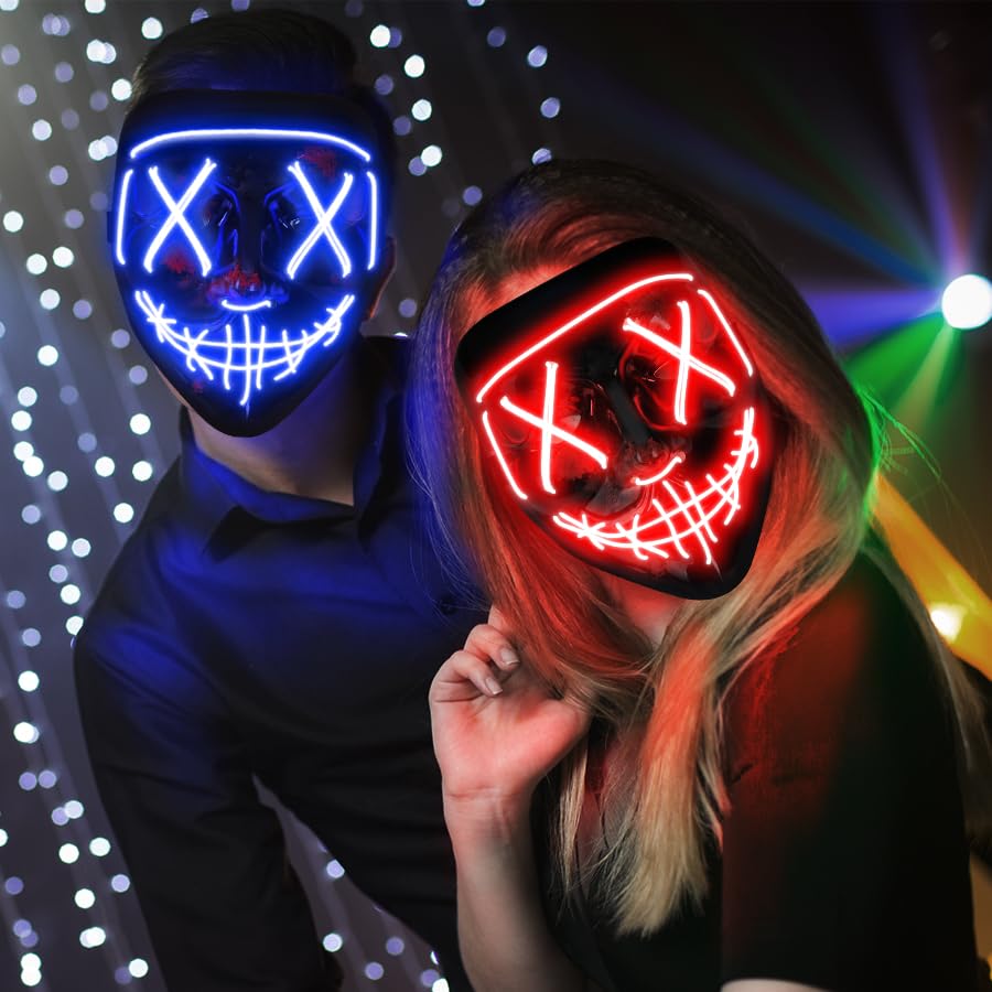 AnanBros Scary LED Halloween Mask, Light up Mask Cosplay, LED Rave Face Mask Costume 3 Lighting Modes, Halloween Face Masks for Men Women Kids